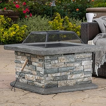 29" Outdoor Fire Pit Table, Wood Burning Fire Pit for Patio with Spark Screen, Fire Poker, MGO Square Fireplaces for Camping, Garden, Backyard, Bonfire Party, (Stone Gray)