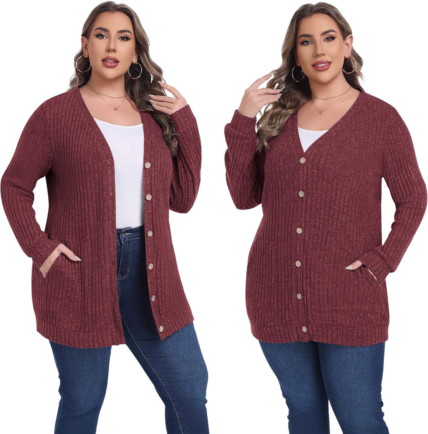 Lastshe Women's Plus Size Cardigan Sweaters Button Down Long Sleeve Fall Cardigans Knit Outwear with Pockets - Image 5