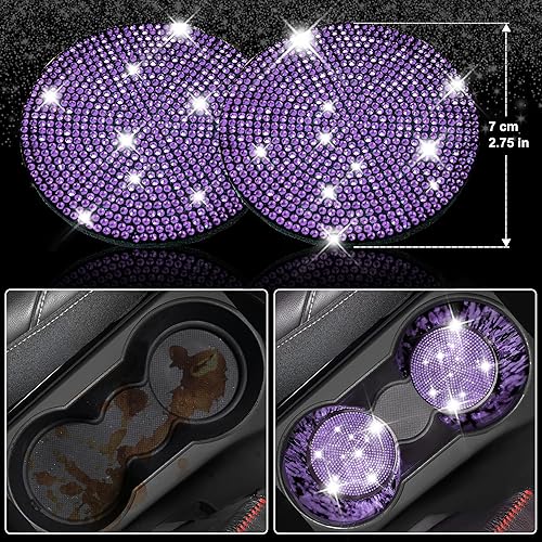 Miniatura 7 de CAR PASS Juego de 11 fundas de asiento de cuero con diamantes de imitación brillantes para mujer, juego de fundas de volante con diamantes de