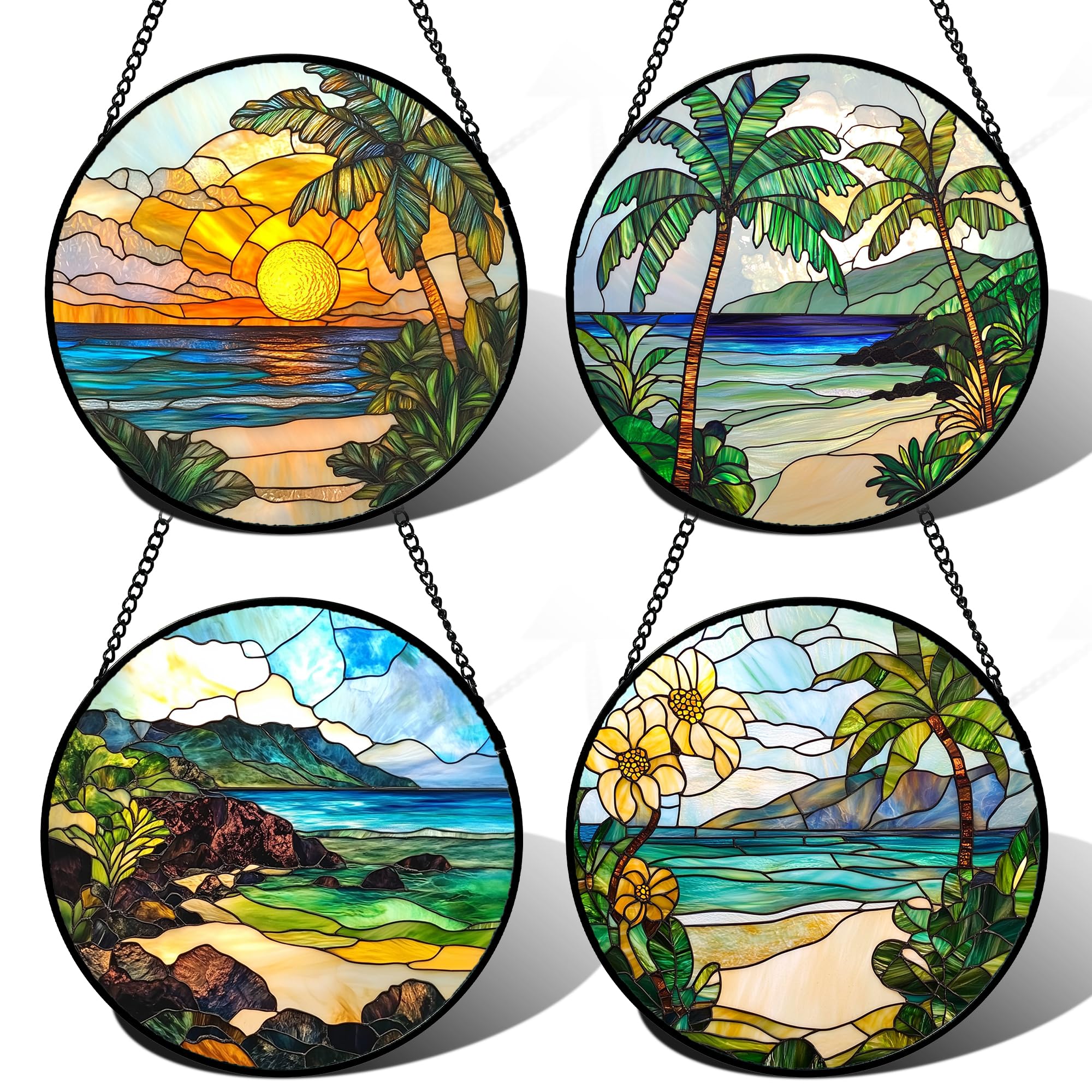 Photo 1 of **Insect Design**
DASTOLL Stained Glass Window Hanging 4 Pcs Set Blue Ocean Coconut Tree Scenery 6.3" - Suncatcher Door Garden Sun Catcher Decor Birthday Christmas for Mom Woman Nana Men