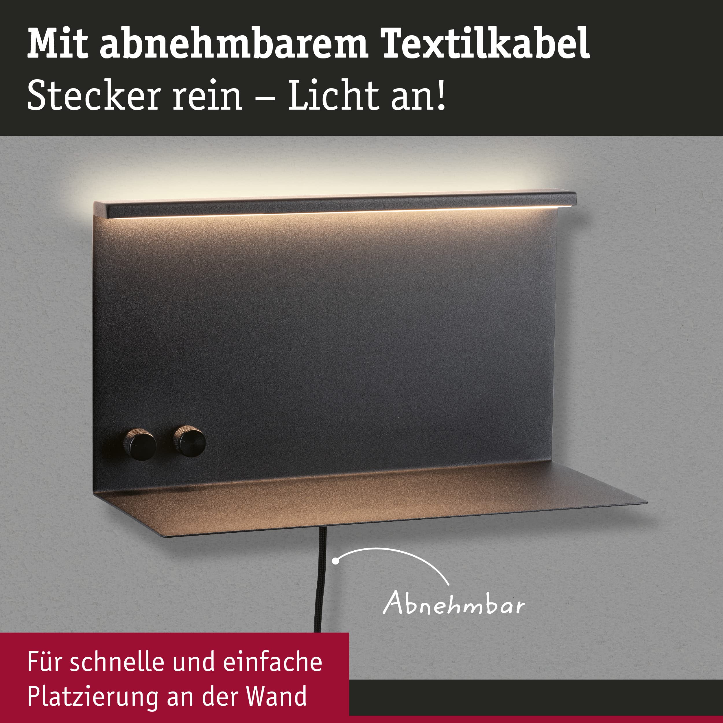 Paulmann 96773 LED Wandleuchte Jarina USB C 4,5 / 1x1,6W 540lm / 200lm dimmbar 350x170mm Schwarz matt Metall 3000K