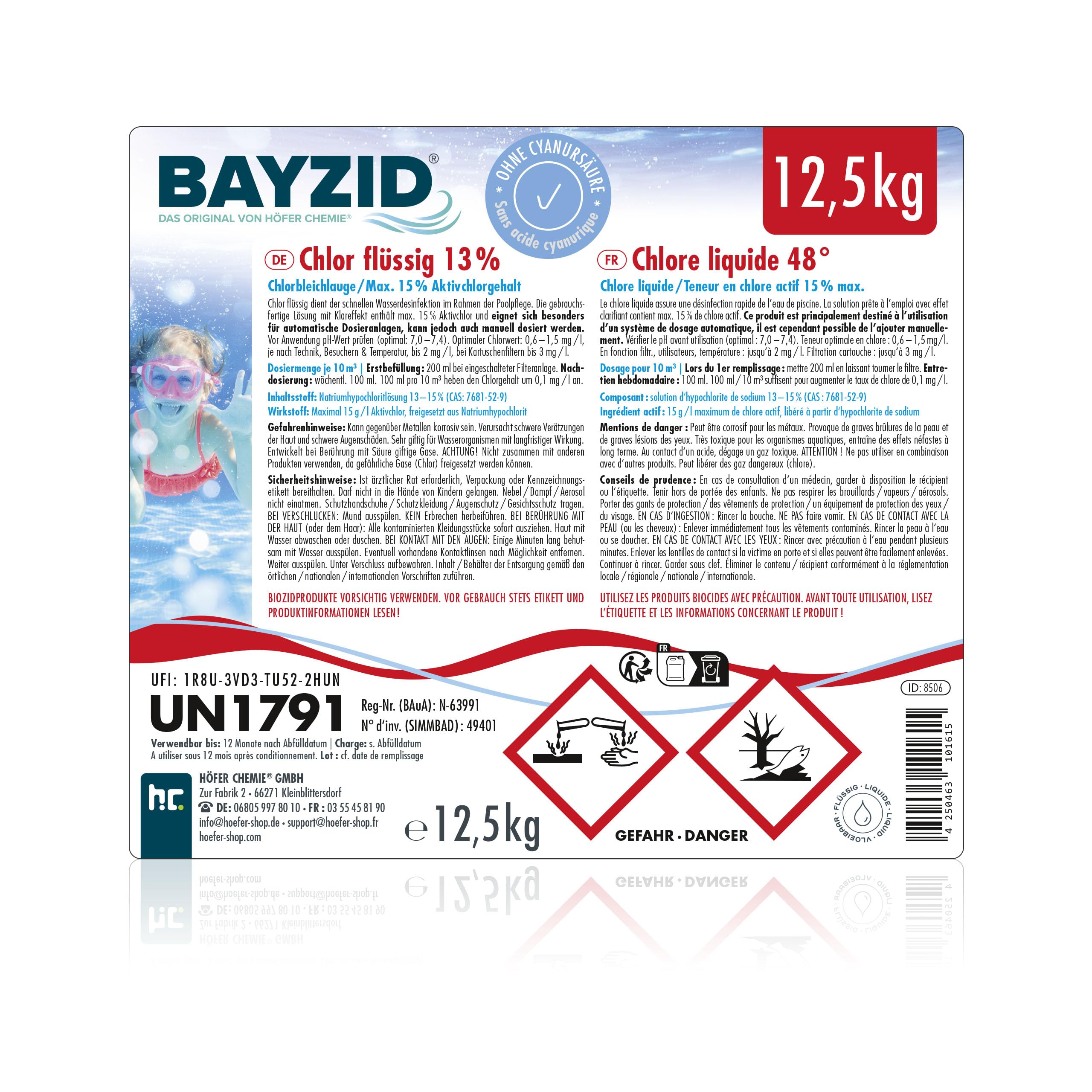 Höfer Chemie 12,5 kg Pool Flüssigchlor BAYZID - mit 13 bis 15% Aktivchlorgehalt zur Poolpflege und Wasserdesinfektion - Made in Germany