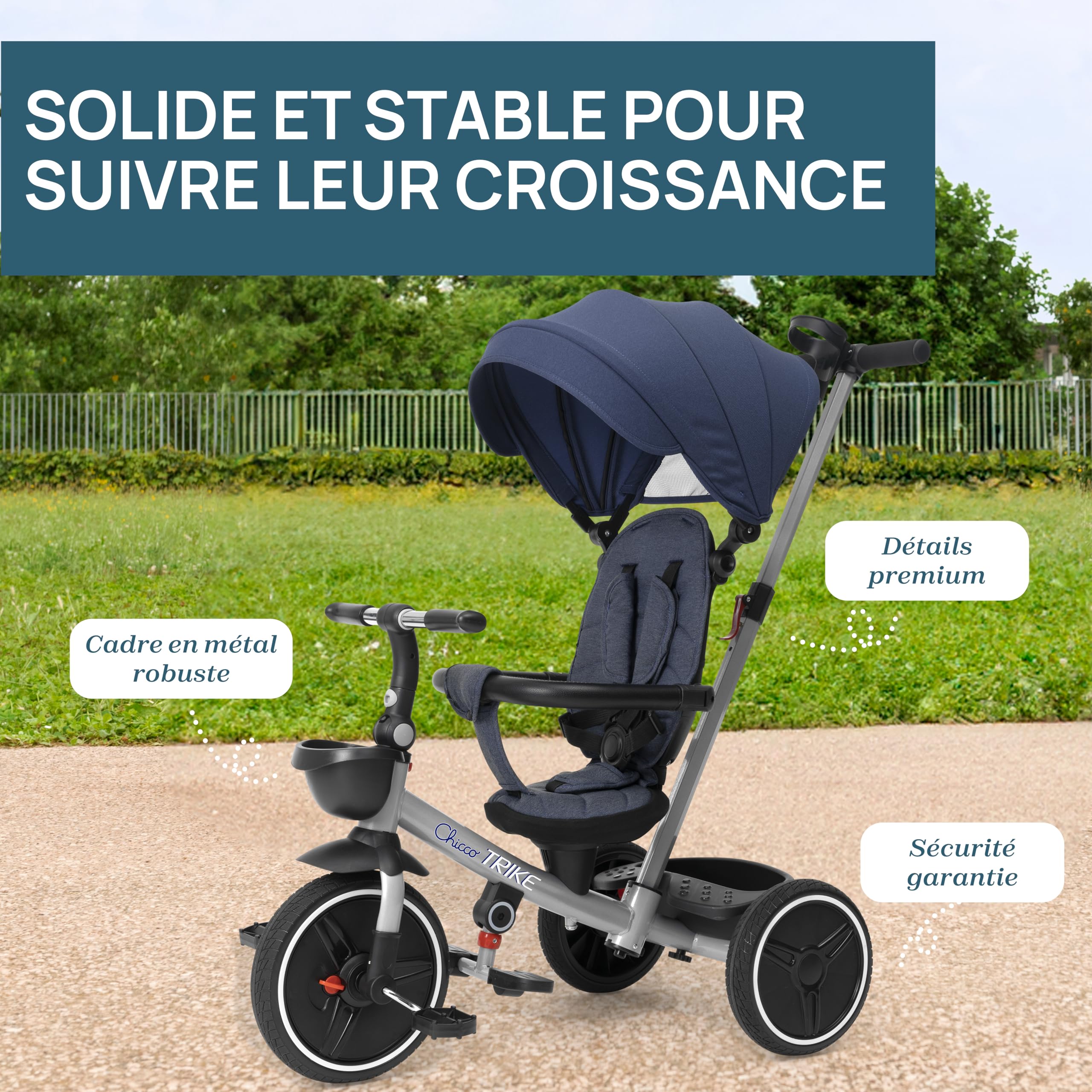 Chicco Tricycle Evolutif pour enfants 4en1, Cadre en métal, Roues en caoutchouc EVA, Harnais 4 points, Poignée télescopique et capote amovible, Poussette avec siège réversible, Paniers, 6 mois-5 ans