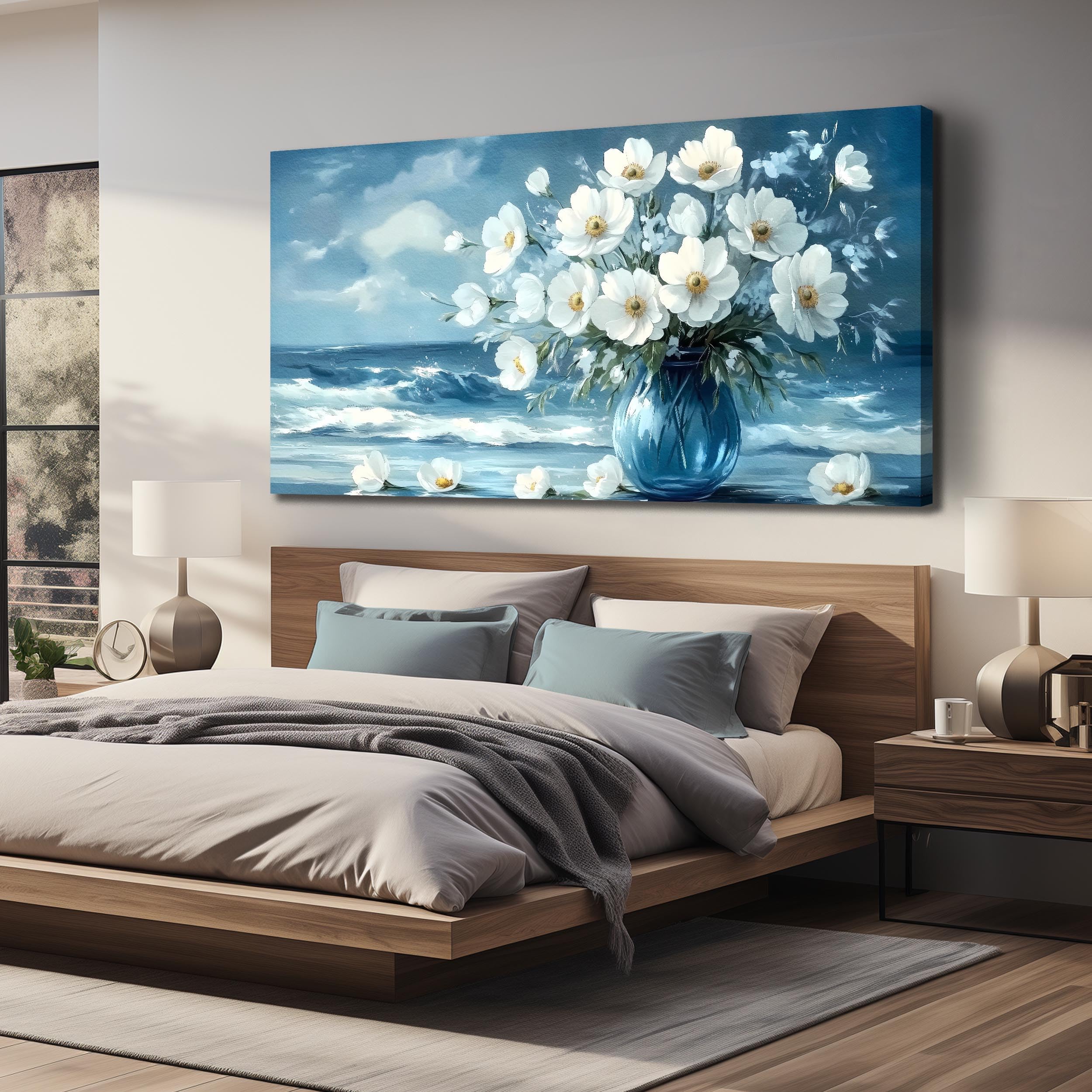 AEFOUU Cuadro floral para sala de estar, lienzo decorativo con motivos oceánicos para dormitorio, lámina decorativa azul y blanca para oficina (30x60cm/marco interno)