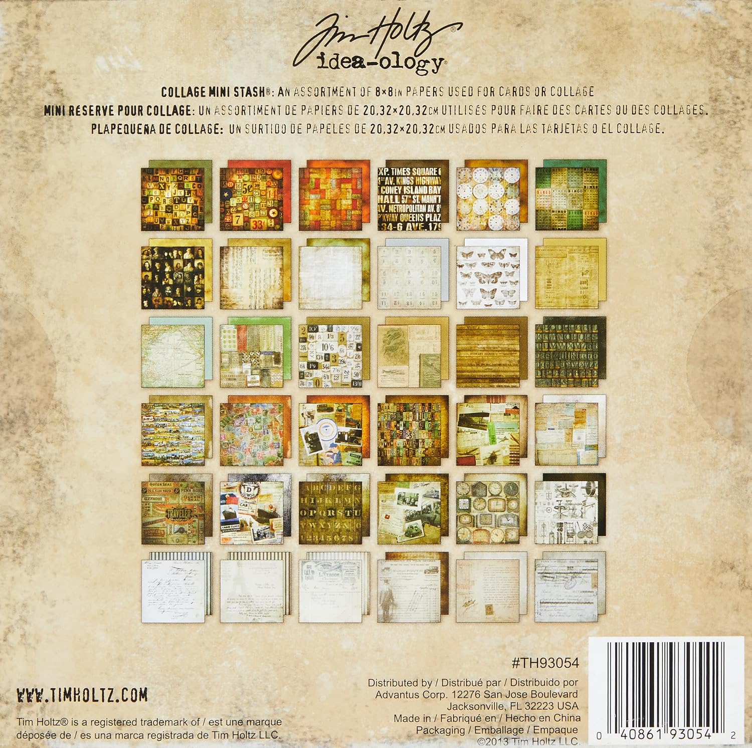 Collage Mini Paper Stash by Tim Holtz Idea-ology, 36 Sheets, Double-Sided Cardstock, 8 x 8 Inches, Multicolored, TH93054