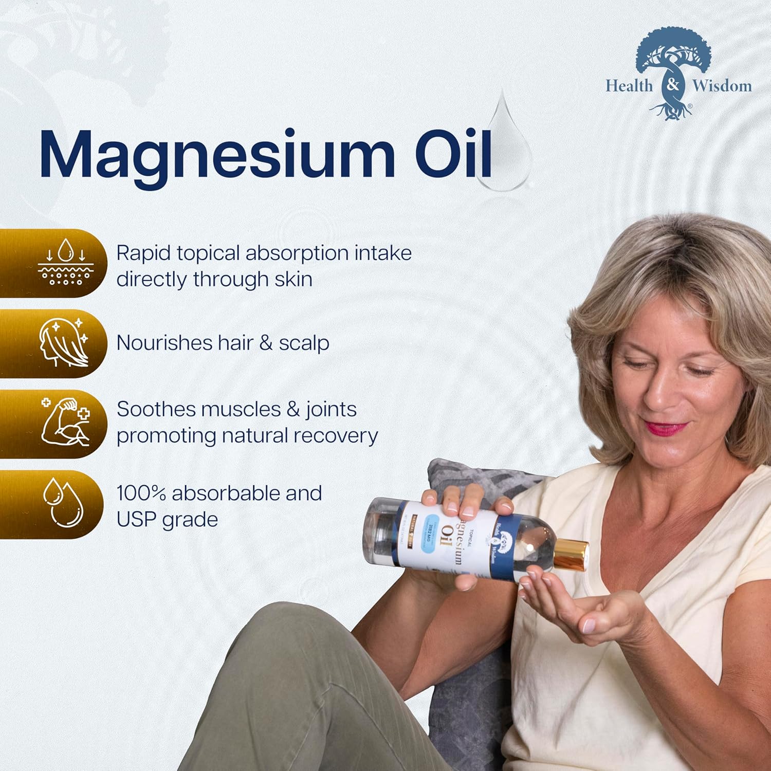 Health & Wisdom Pure Magnesium Oil - Topical Muscle & Joint Relief- Natural and Pure USP Grade Extra Strength Magnesium - Enhanced Absorption - 64 fl oz
