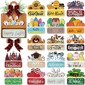 37 Pcs Interchangeable Seasonal Decor Farmhouse Breadboard Interchangeable Seasonal Tier Tray Decor Holiday Halloween Thanksgiving Christmas Wooden Decoration with Bow for Table Kitchen