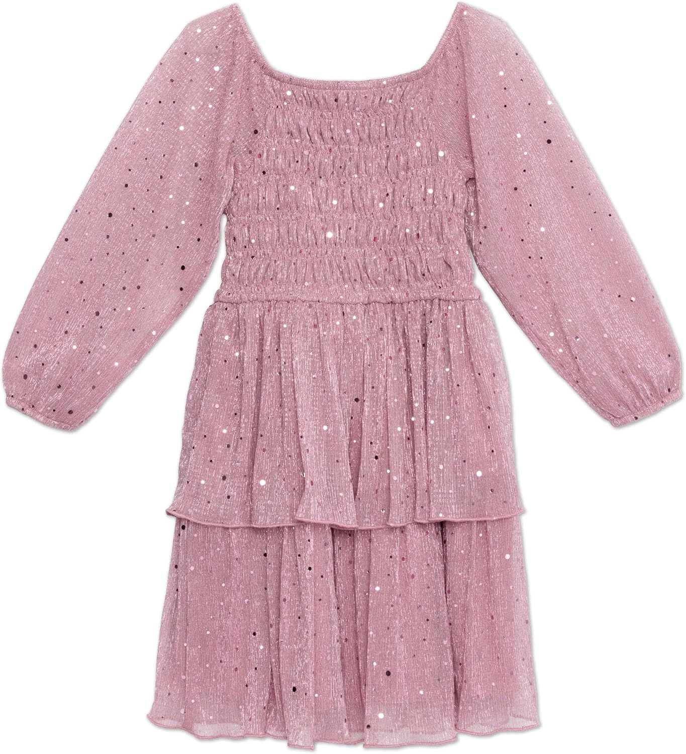 Speechless Girls' Long Sleeve Smocked Bodice Babydoll Sequin Dress