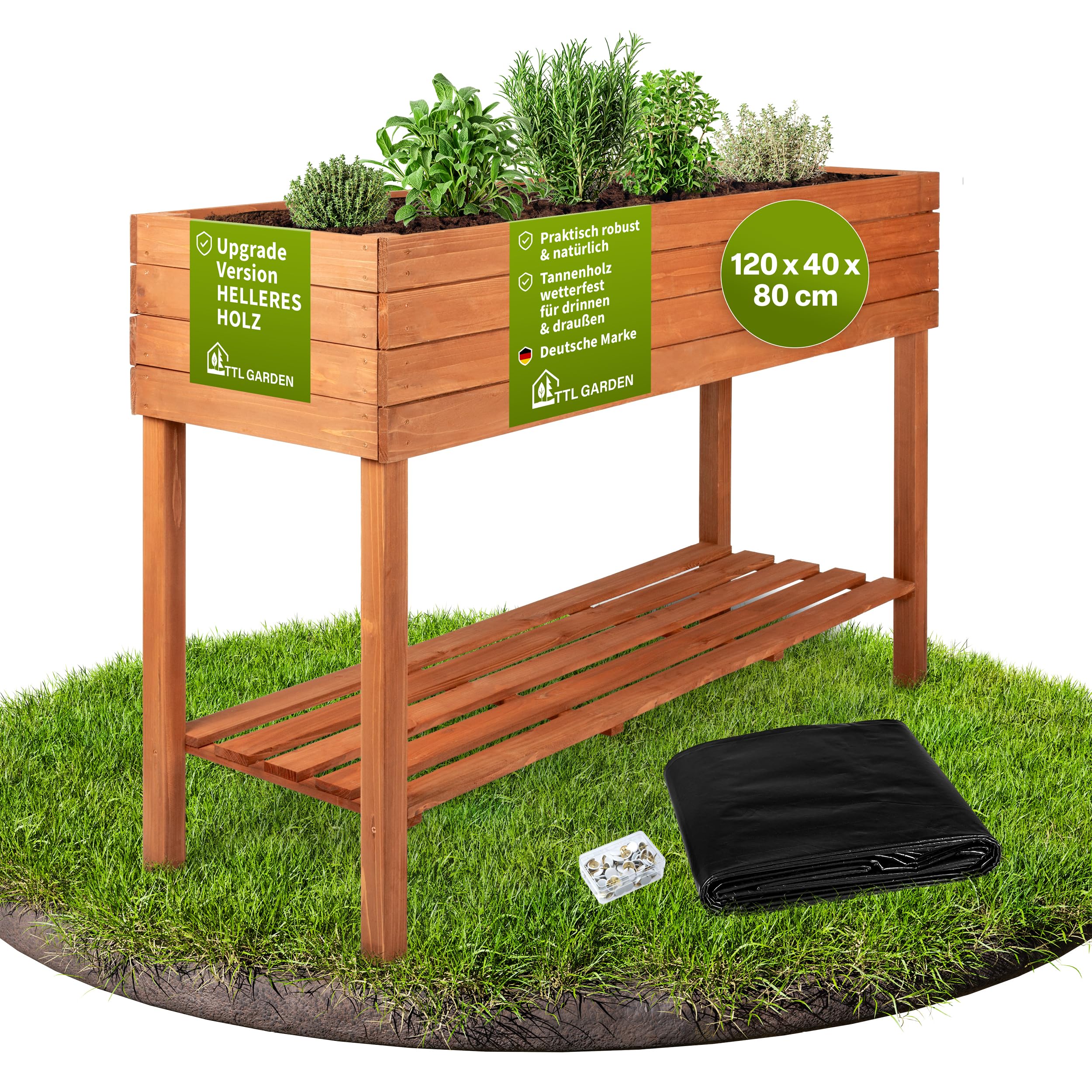 TTL GARDEN Balkon Hochbeet XL 120x40x80cm aus Holz - Pflanzkasten & Blumenkasten mit Ablageboden & Folie - Tannenholz wetterfest - Pflanzbeet Kräuterbeet Blumenbeet für Garten Balkon Terrasse Braun