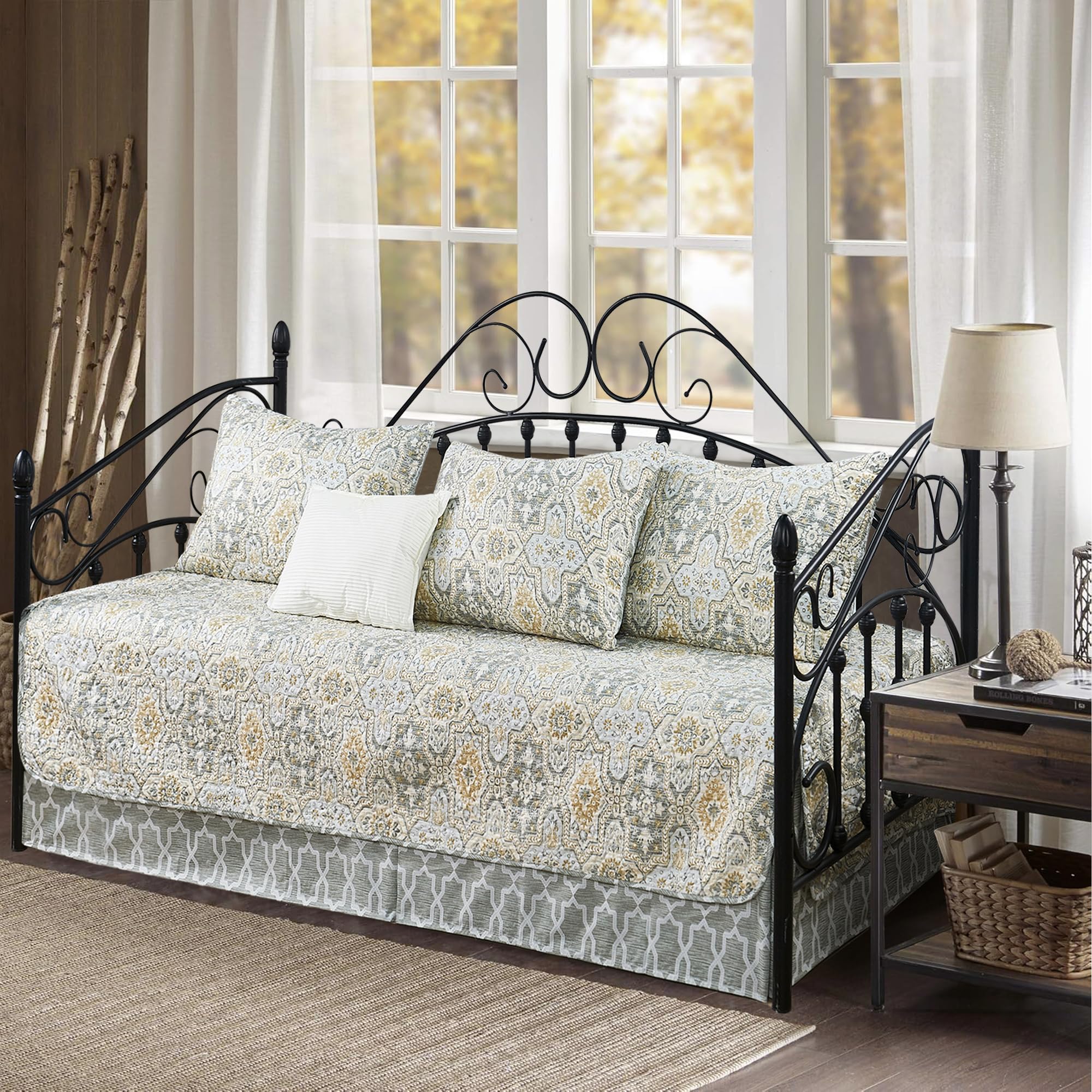 6 Piece Reversible Microfiber Geometry Printed Daybed Cover Set, All Season Luxury Bedding with Bedskirt, Matching Shams, Decorative Pillow, 75"x39", Yellow Gray