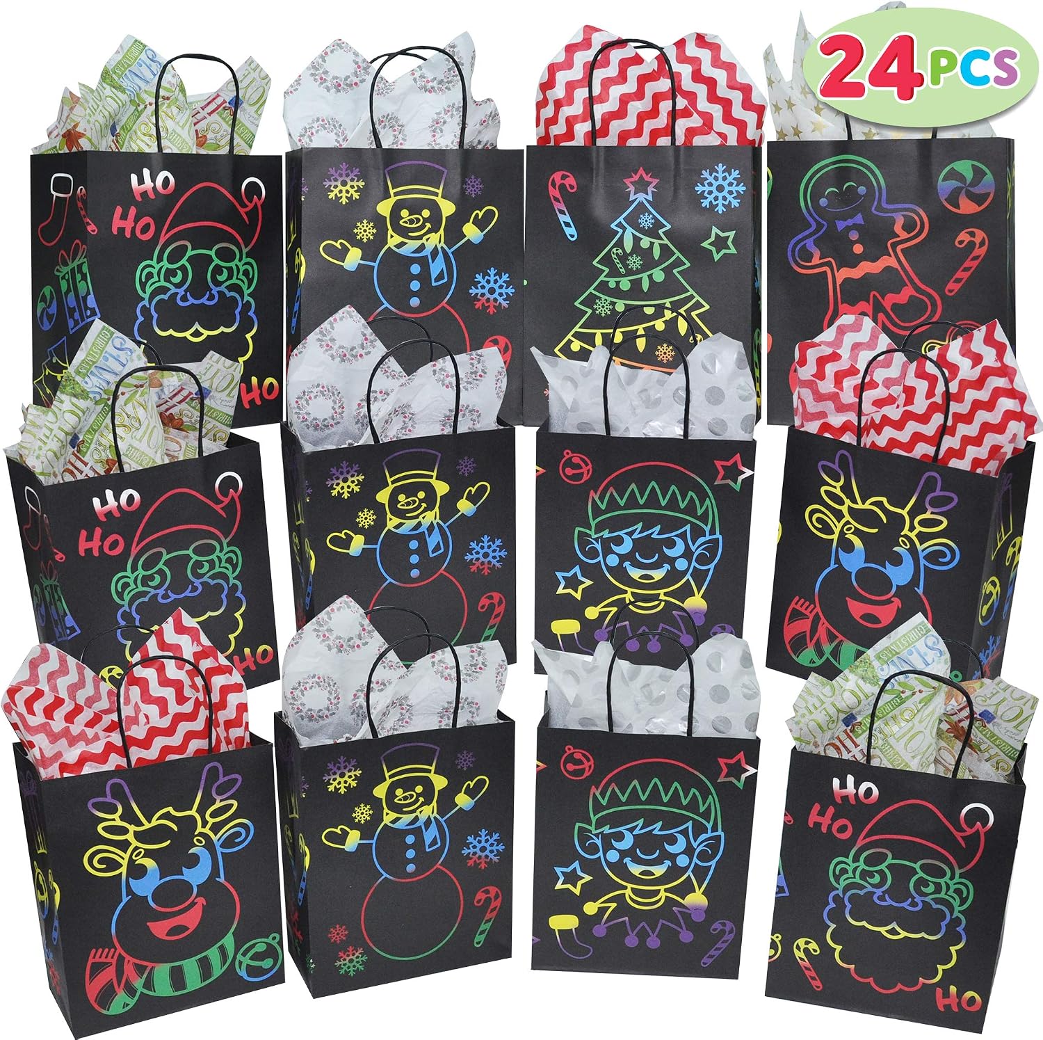 JOYIN 24 PCs Christmas Gift Bags with 6 Design for Holiday Classroom Party Favor Supplies Goodie Bags, Christmas Bags, Xmas Goody Bags, Party Decor