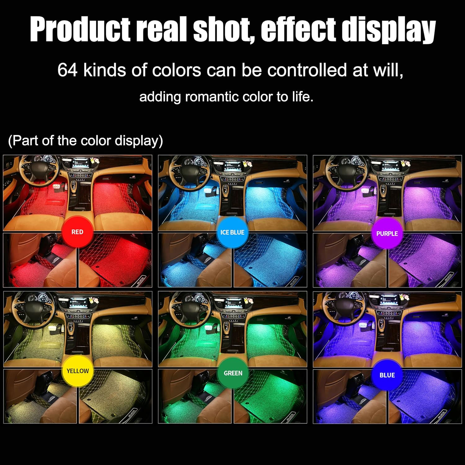 Car Ambient Lighting 64 Colors Multicolor Music Footwell Lighting RF Remote Controller + APP Control Car DIY Decorative Atmosphere Lighting Kit DC 12V 1W
