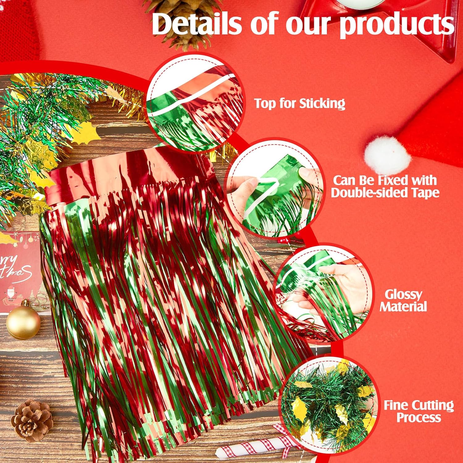Crowye 40 Pcs Christmas Parade Float Decorations Set Foil Fringe Table Skirt and Tinsel Garland Shiny Metallic Tassel Banner for Trailer Christmas Float Supplies (Red Green Gold,Chic)