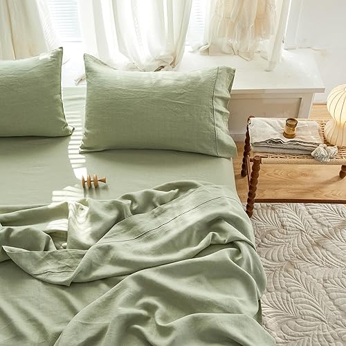 Miniatura 8 de Simple&Opulence Juego de sábanas de 100 % lino francés, transpirable y duradero, 4 piezas, 1 sábana encimera, 1 sábana bajera, 2 fundas de almohada,