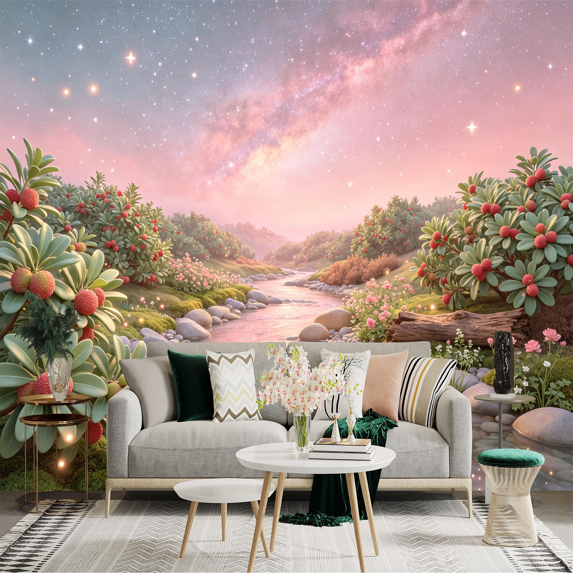Lnzczhyre Bh260719540 Custom Size Wall Sticker Mural， Dreamy Fruit Garden By The River， Glowing Stars And Galaxy Sky， For Wall Decoration， Peelandstick Wall Decals.
