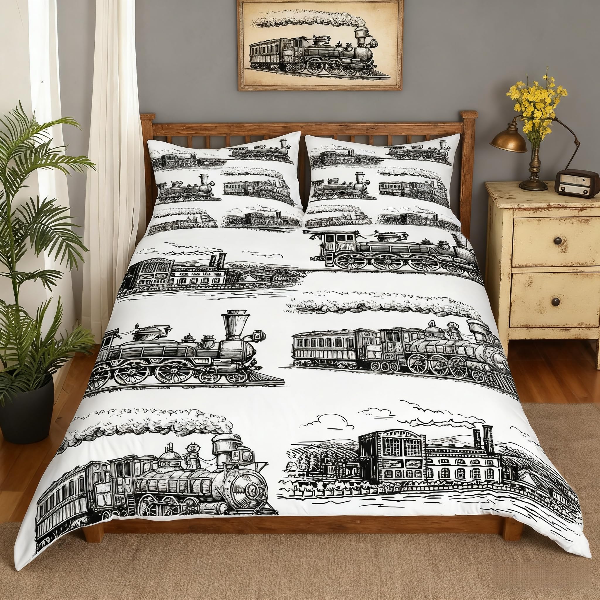 Manfei Train Duvet Cover Set King Size, Retro Steam Locomotive Train Comforter Cover with 2 Pillowcases, Vintage Style Bedding Set 3pcs for Kids Boys Adults Bedroom Decor Lightweight Bedspread Cover โ image 1