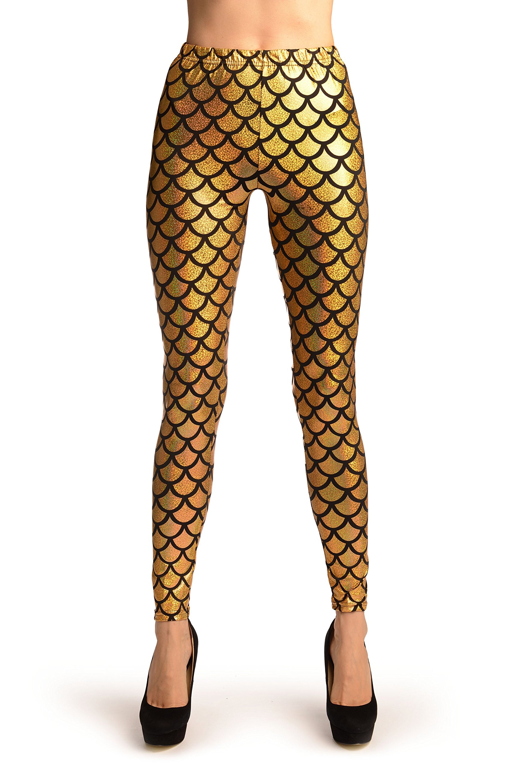 Fashion 7Star Women's Gold Fancy Dance Party Mermaid Metallic Legging Girls Stretchy Tight Disco Fish Scale Printed Full Length Leggings Pants