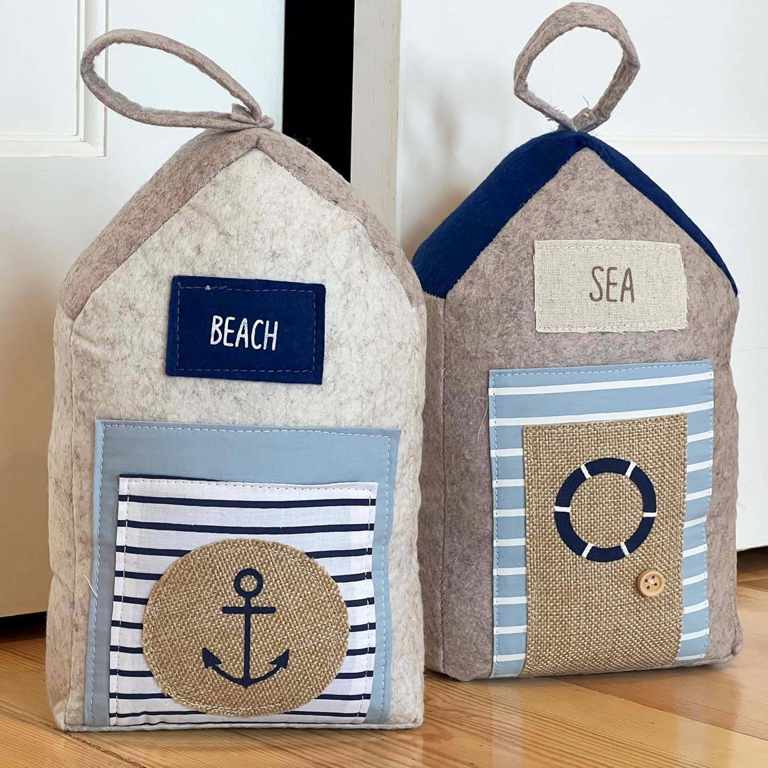 Coastal Cabana Soft Door Stops, Jute, Cotton, Loop Tops, Weighted, 11.75 Inches, House Shaped with Anchor and Lifesaver Fabric Embellishments