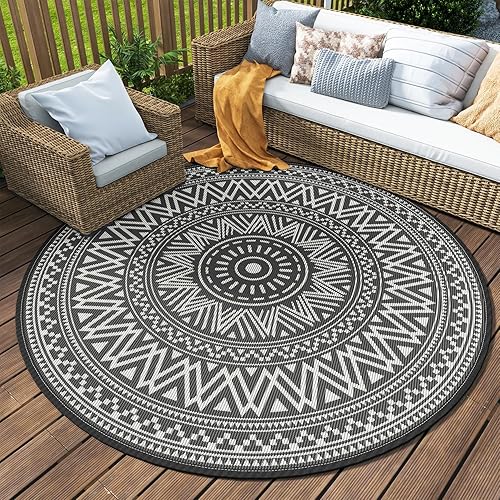 MontVoo Outdoor Rug Carpet Waterproof Round 10ft Outdoor Patio Rug Mat Reverisble Plastic Straw Outdoor Rug for RV Camping Picnic Beach Balcony Boho Grey