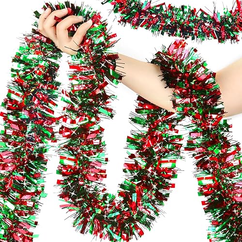 Guirnalda metálica de oropel de 50 pies, decoraciones colgantes para árbol de Navidad para uso en interiores y exteriores (rojo, verde, negro)