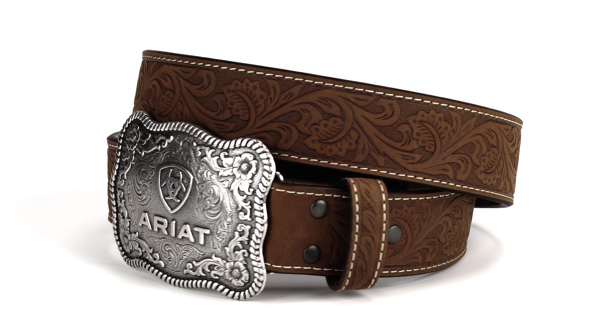 Intricate Brown Lwather Woven Belt with Engraved Silver Buckle Heavy Brown Leather Belt Metallic Silver Whip Stitching  main image 3