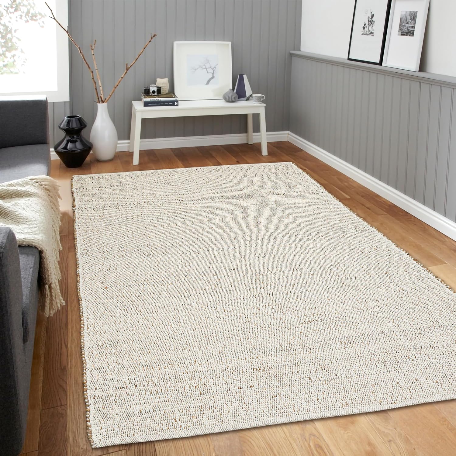 Natural Jute Cotton Area Rug - 8x10 Rug - Boho Rugs for Living Room, Bedroom, Dining Room, Hallway, Office, Entryway - Rustic Vintage Bohemian Carpet Home Décor - Hand Woven Rugs 8x10 ft