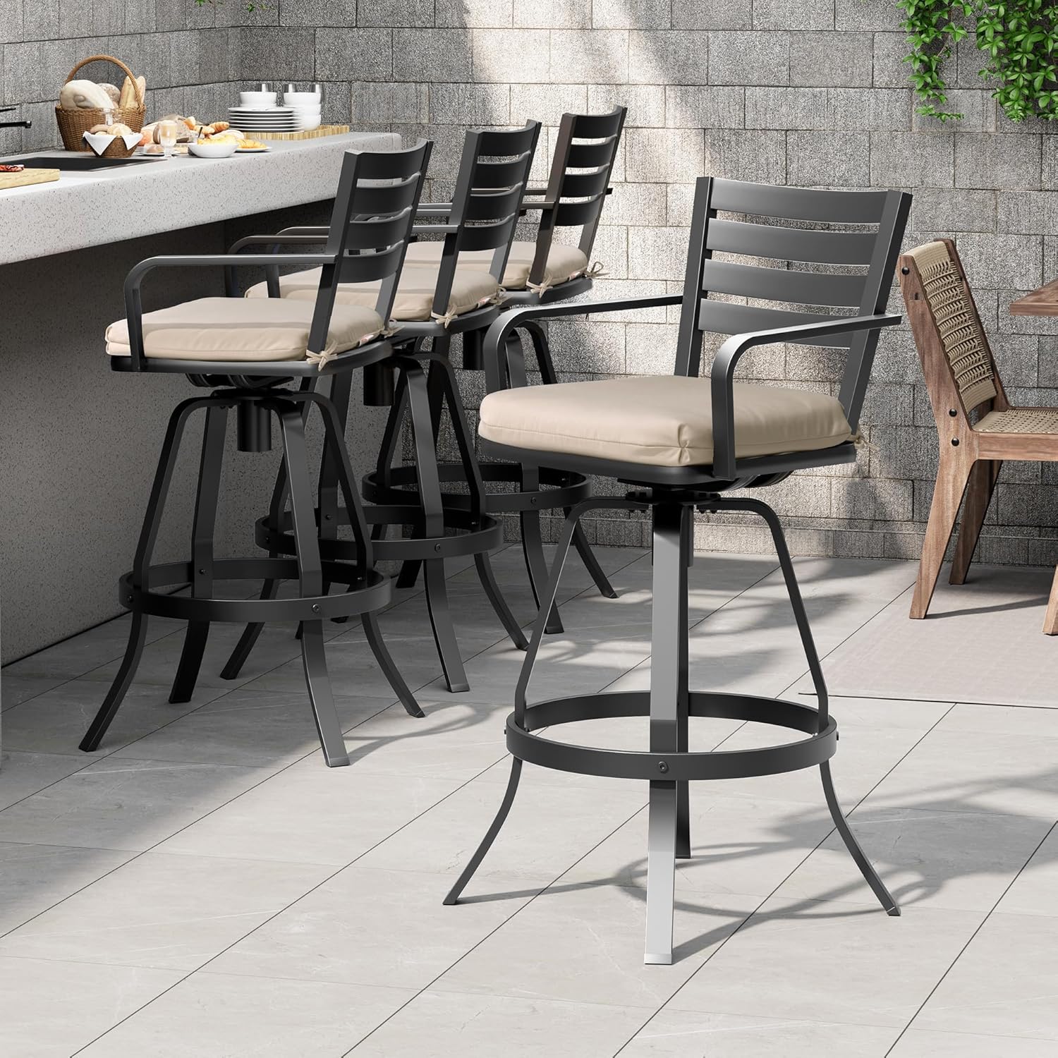 Pellebant Outdoor Bar Stools Set of 4 with Sunbrella Cushion, 29.5" Aluminum Swivel Bar Height Stool Chairs with Back & Footrest, Rust-Proof Patio Bartools for Deck Lawn Garden, Beige