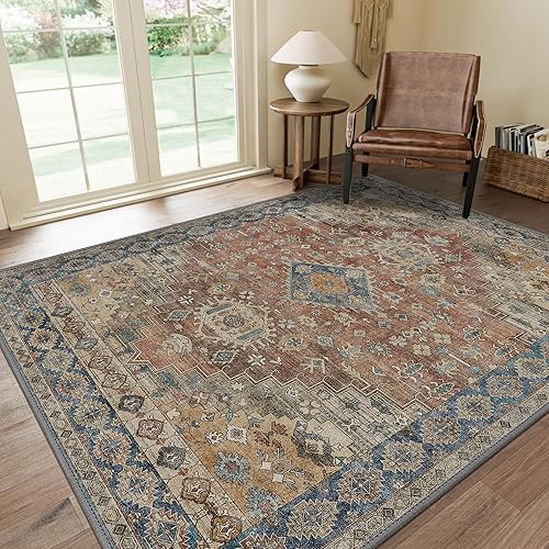 GENIMO - Tapetes de área de 9 x 12 pies, lavables a máquina, antideslizantes, estilo vintage, de pelo corto, ligeros, de felpilla, con estampado,