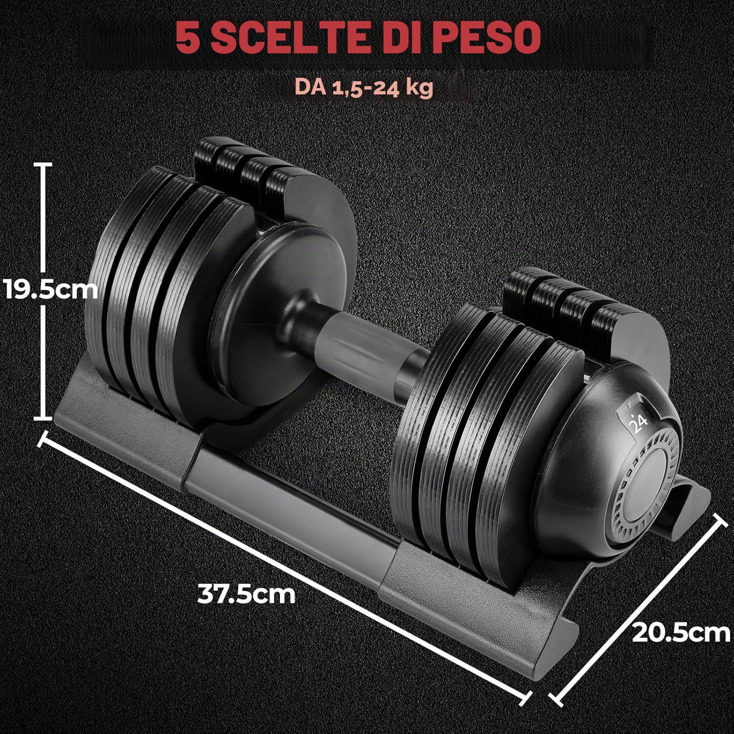 Manubri regolabili 10 kg 20 kg 24 kg manubri singoli o una coppia, con manico antiscivolo, dischi regolabili e vassoio portaoggetti per casa, ufficio, palestra, singolo/coppia