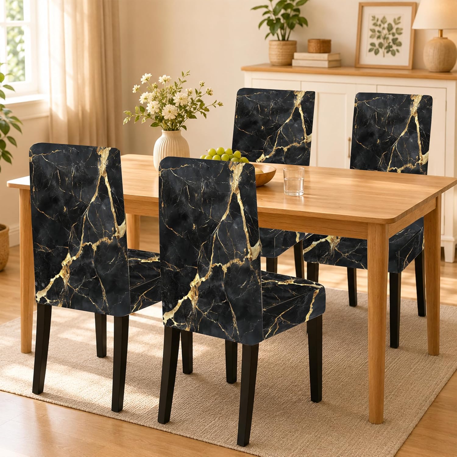 Black Marble Chair Covers Set of 4 Stretch Dining Chair Covers Luxury Gold Vein Chair Slipcovers Soft Washable Elastic Seat Protector for Dining Room Kitchen Home Decor
