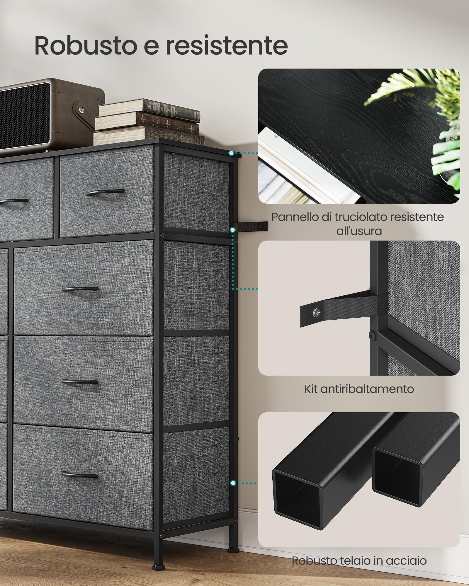 SONGMICS BELLAH Collezione - Cassettiera, Armadietto, Mobile contenitore in Acciaio, per Camera da Letto, ingresso o Soggiorno, 9 Cassetti, Stile Moderno, Grigio Ardesia, LGS324G101