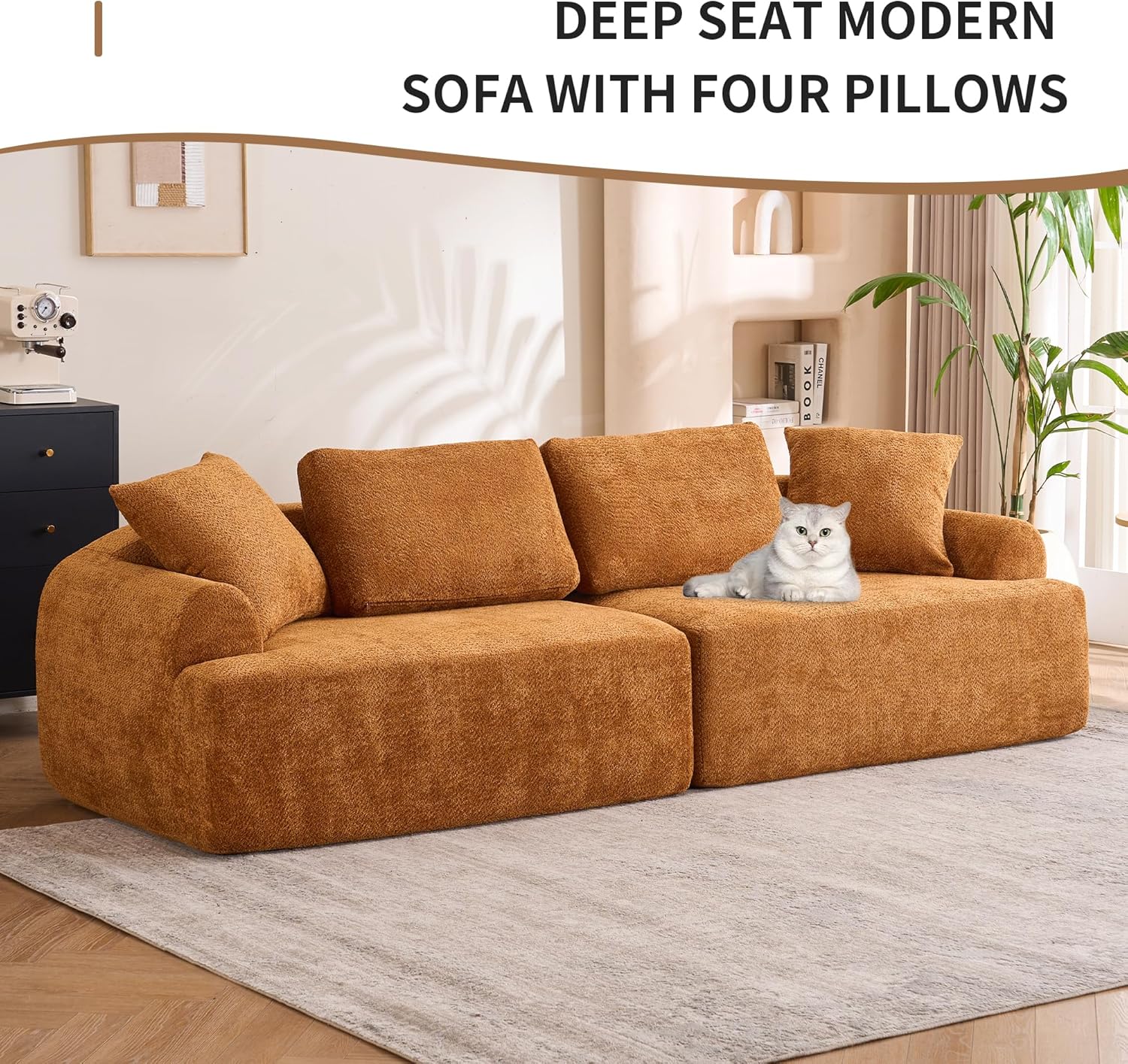 102 Inch 4 Seater Cloud Couch,Compression Modular Sectional Sofas,Crochet Yarn Fabric Couches with 4 Pillows, Free Combined Sofa for Home Living Room Office