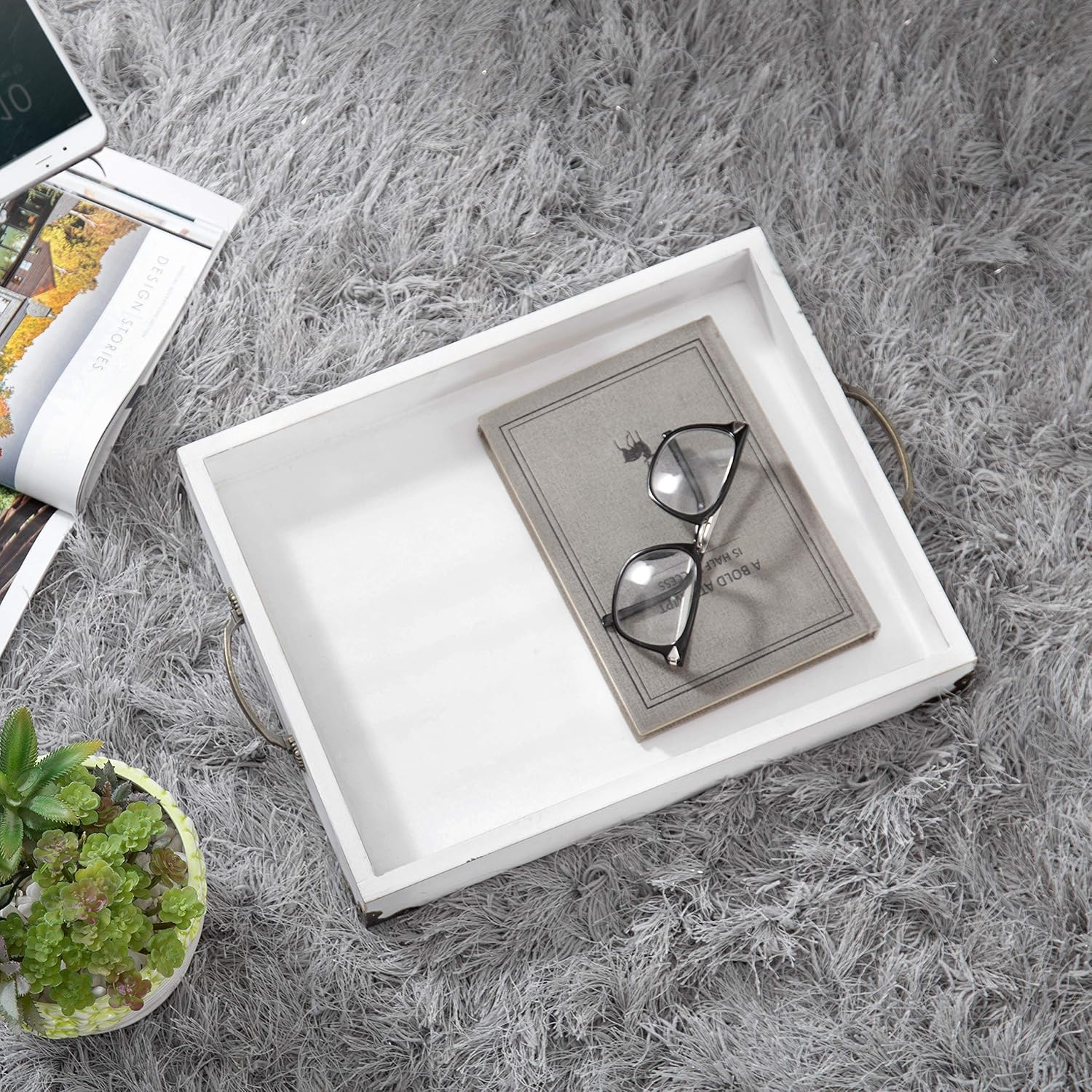 Amazon Crazy 🔥 Deals MyGift Vintage White Wood Coffee Table/Ottoman Decorative Serving and Vanity Tray with Antique Handles