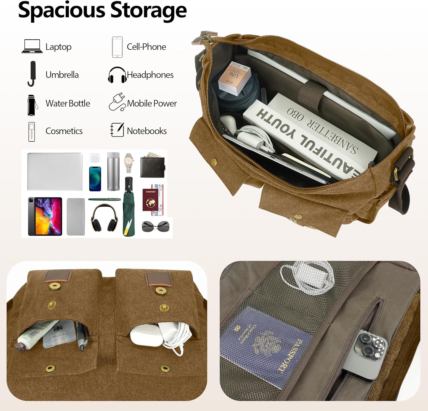 Messenger Bag for Men,13-14 Inch Laptop Bag, Vintage Water-resistant Waxed Canvas Satchel Bags, Leather Briefcase for School Work Travel (Brown) - Image 7