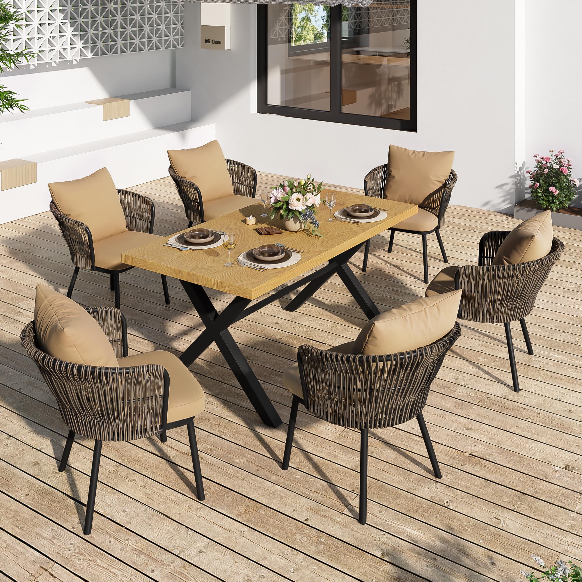 Moderno set da pranzo per esterni, set da giardino in rattan, per il tempo libero e la riunione per più persone, struttura in ferro, intrecciato, cuscino incluso.