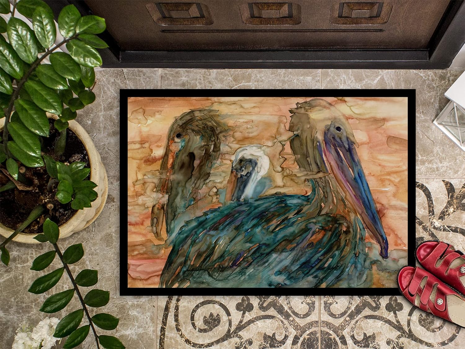 Caroline's Treasures 8977JMAT Abstract Pelicans Doormat 24x36 Front Door Mat Indoor Outdoor Rugs for Entryway, Non Slip Washable Low Pile, 24H X 36W