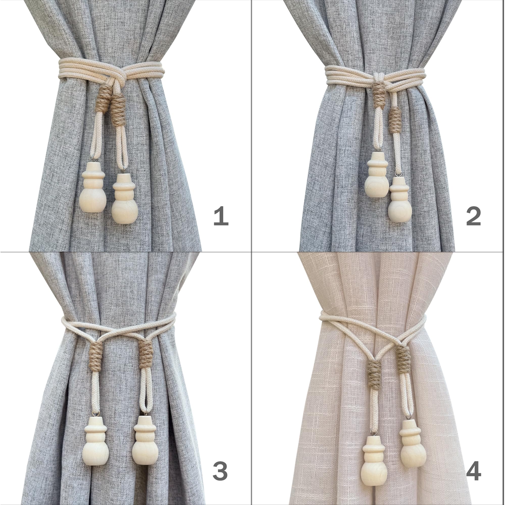 Alzapaños bohemios para cortinas, alzapaños ajustables de cuerda de algodón con bonito muñeco de nieve de madera, soportes para accesorios de cortina para niños para uso en interiores y exteriores,