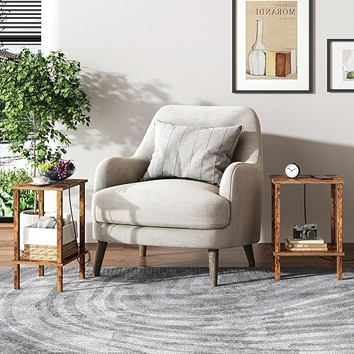 Miniatura 9 de TUTOTAK Mesa auxiliar con estación de carga, juego de 2, mesa auxiliar pequeña con tomas, mesita de noche, estante de almacenamiento de 2 niveles