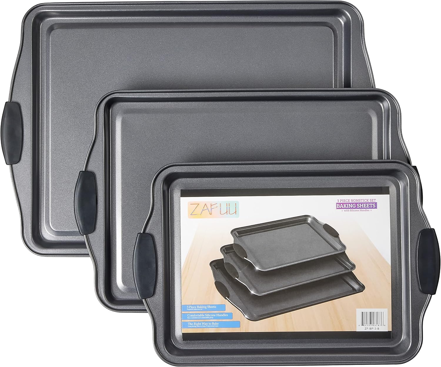 Non-Stick Baking Sheet Set 3 Pcs for Cookies & More, Heavy-Duty Aluminum Baking Sheets with Black Silicone Handles, Small Medium Large