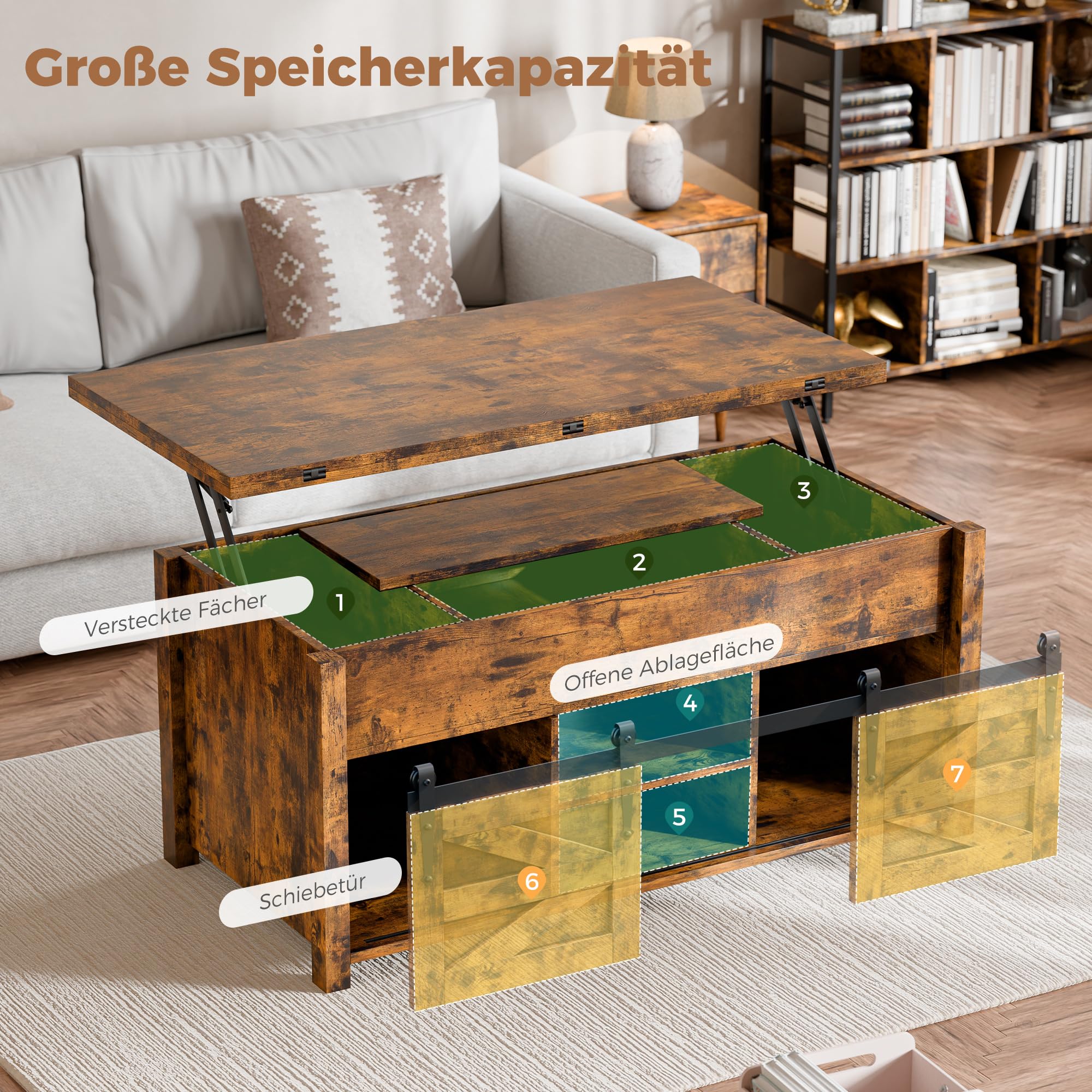 ELUCHANG Couchtisch Höhenverstellbar, 4 in 1 Wohnzimmertisch Umwandelbar in Wohnzimmer-Esstisch, Multifunktions mit Versteckter offenes Fach & Aufbewahrung,für Wohnzimmer/Büro/Esszimmer, Vintagebraun