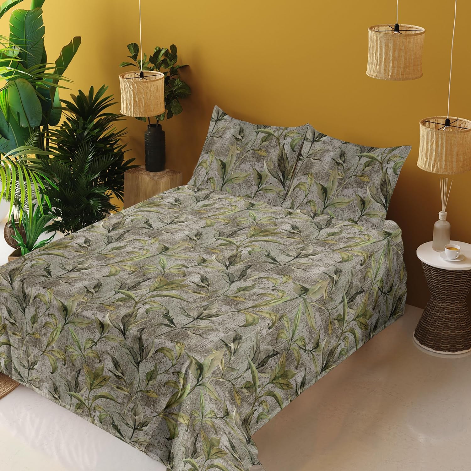 Ambesonne Leaves Greenery Sheet Set, Tropical Leaf Pattern with Neutral Colors Boho on Grunge Rustic Back, Fitted and Flat Sheet with Pillowcases Bedding Accent 4 Piece Set, Full, Olive Green Taupe