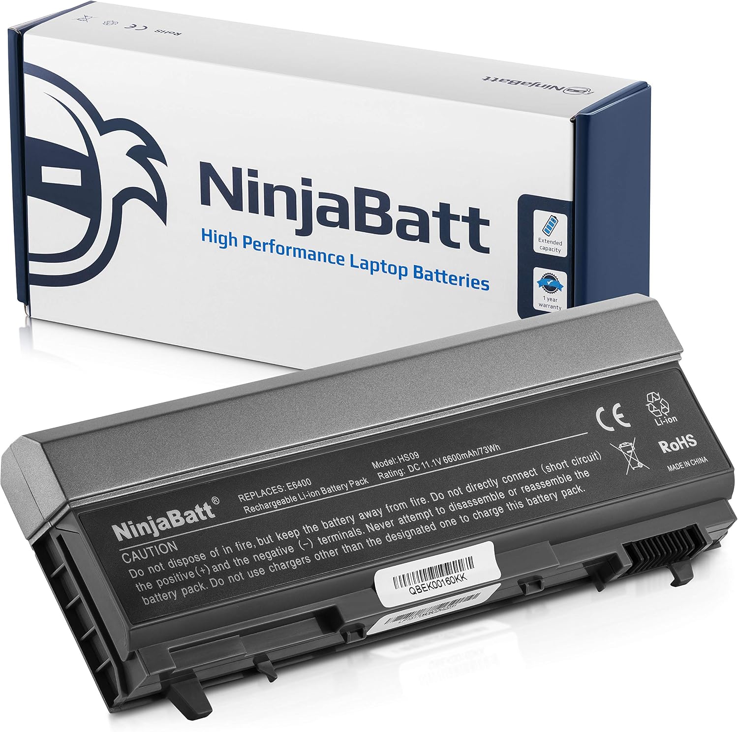 NinjaBatt Battery for Dell Latitude E6400 E6410 E6510 E6400 E6500 Precision M2400 M4400 M4500 MP303 PT650 MP490 4M529 PT434 312-0749 312-0748 312-0754 PP27L W1193 1M215 - [9 Cells/6600mAh/73Wh]