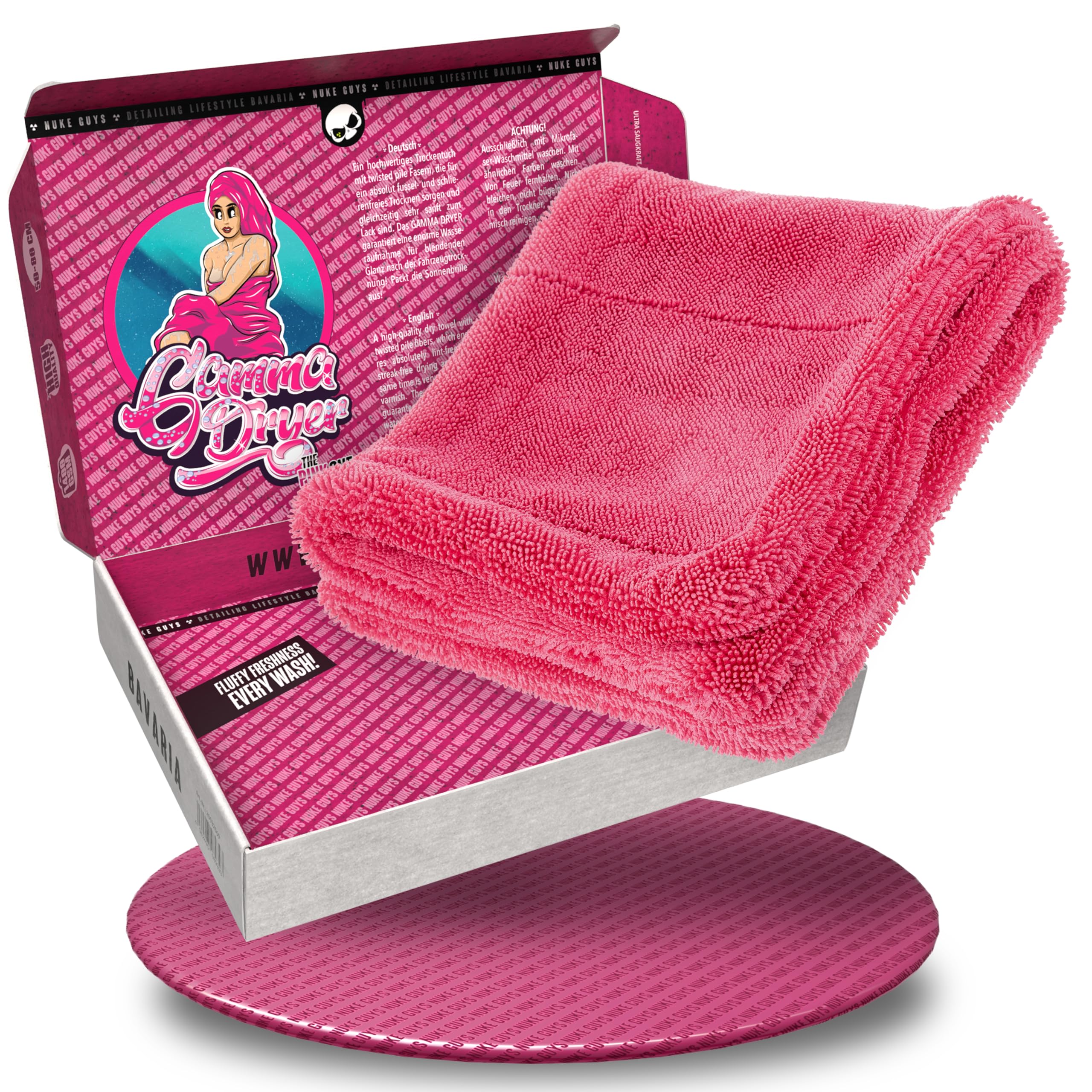 Nuke Guys Auto Trockentuch extrem saugstark & lackschonend | Gamma Dryer S 40x40cm Pink | 1400 GSM Mikrofaser Tuch zum effizienten Trocknen nach der Autowäsche | Mikrofasertuch