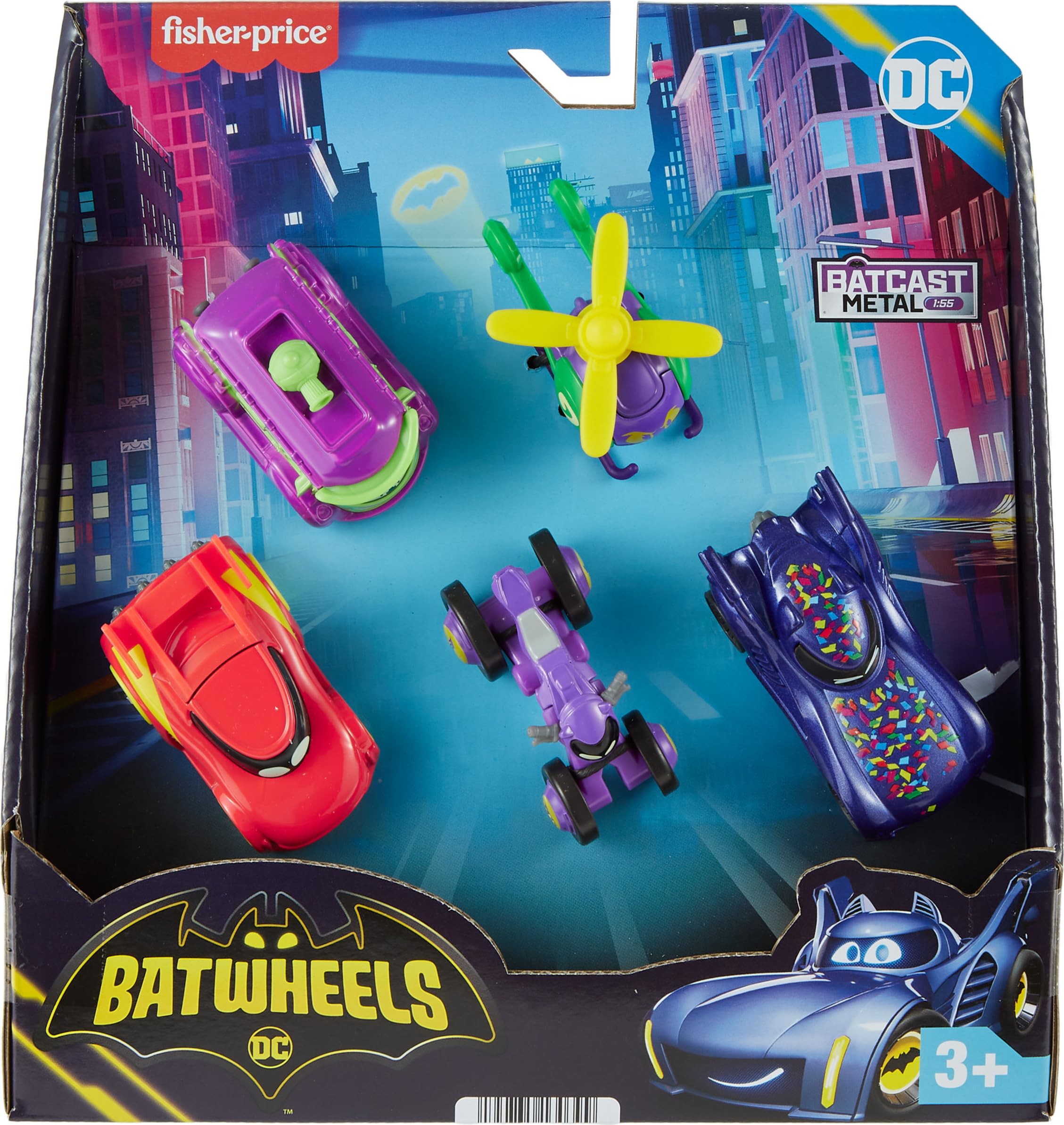 Fisher-Price DC Batwheels Metalowe pojazdy 5-pak w skali 1:55 Batmobil Bam, Redbird, Prank, Bibi i Quizz, metalowe pojazdy Batcast Metal, dla dzieci od 3 roku życia, HML21