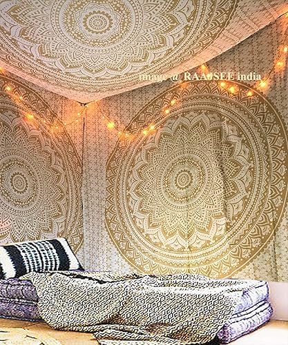 Miniatura 2 de raajsee - Tapiz brillante dorado para colgar en la pared, diseño mandala - Algodón indio, colchas hippie, ropa de cama boho, colcha blanca dorada