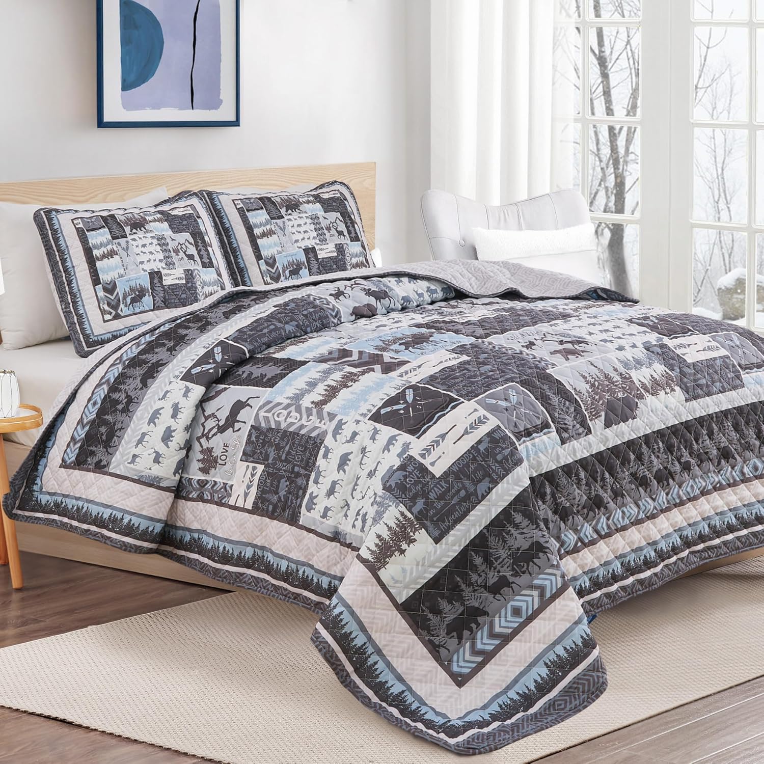 Market & Place Rustic Quilts Full/Queen Size | 3-Piece Cabin Comforter Set with Shams | Reversible Lodge Wildlife Bedding for All Season | Denali Collection (Full/Queen, Wildlife Woods)