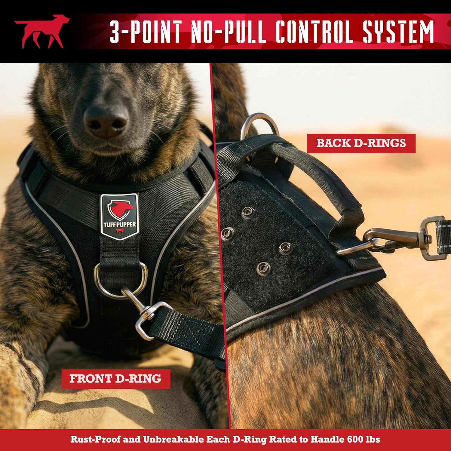 Tuff Pupper Elite Tactical Dog Harness | Dual Control Handles | Front & Back D-Rings | Fully Adjustable | Military Cobra Buckles | Heavy Duty Nylon Vest | Reflective MOLLE Dog Harness for Medium Dogs