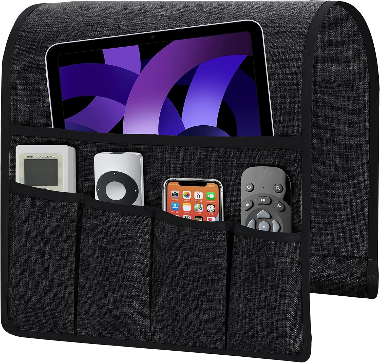 Guken Flax Linen Remote Control Holder Sofa Armrest Organizer, Black Armchair Caddy