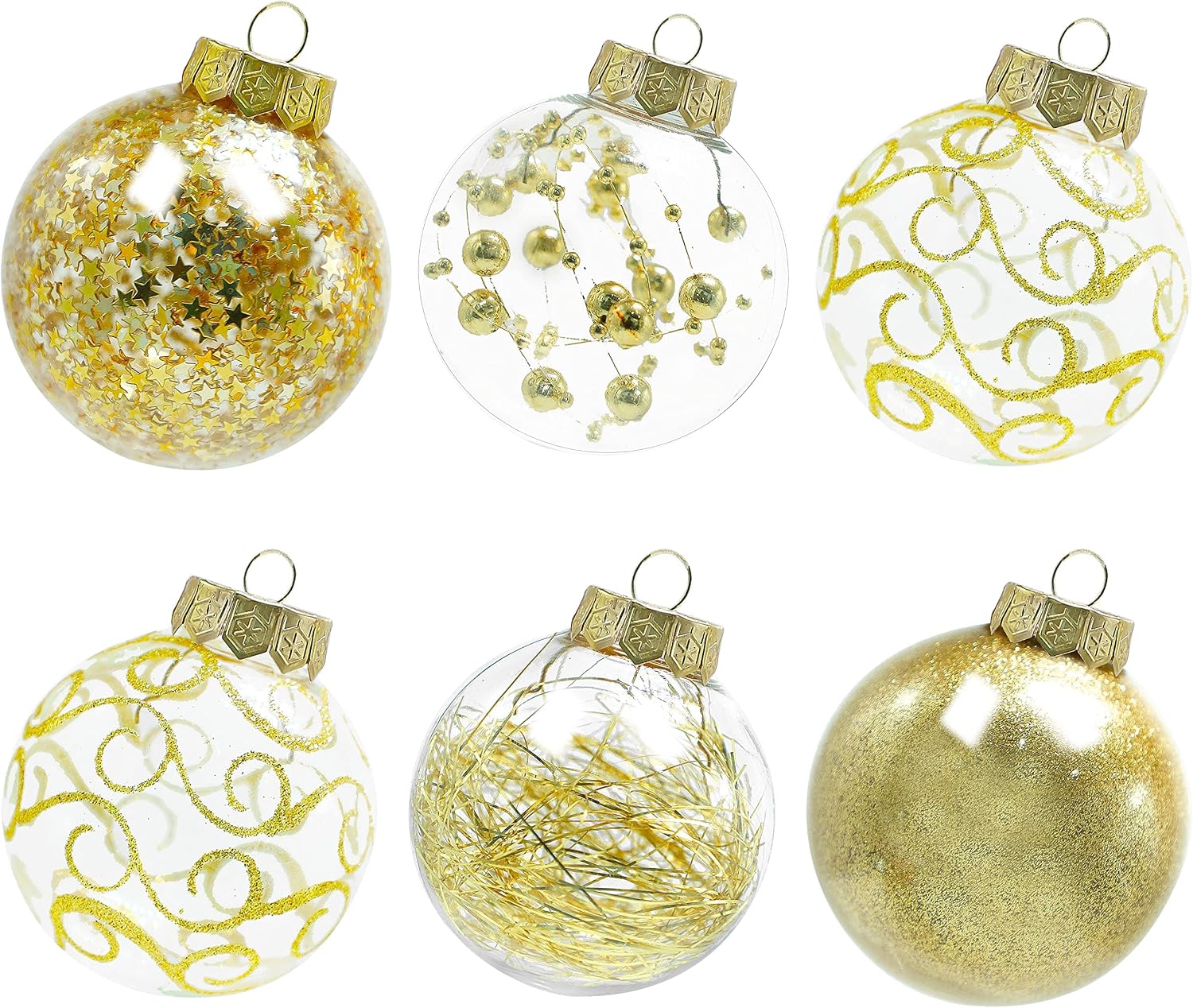 Lulu Home 30ct 2.36" Clear Christmas Ball Ornaments, Pre-Strung Transparent Balls with Unique Decorations Inside, Shatterproof Plastic Balls for Xmas Party Wreath Garlands Trees, Golden