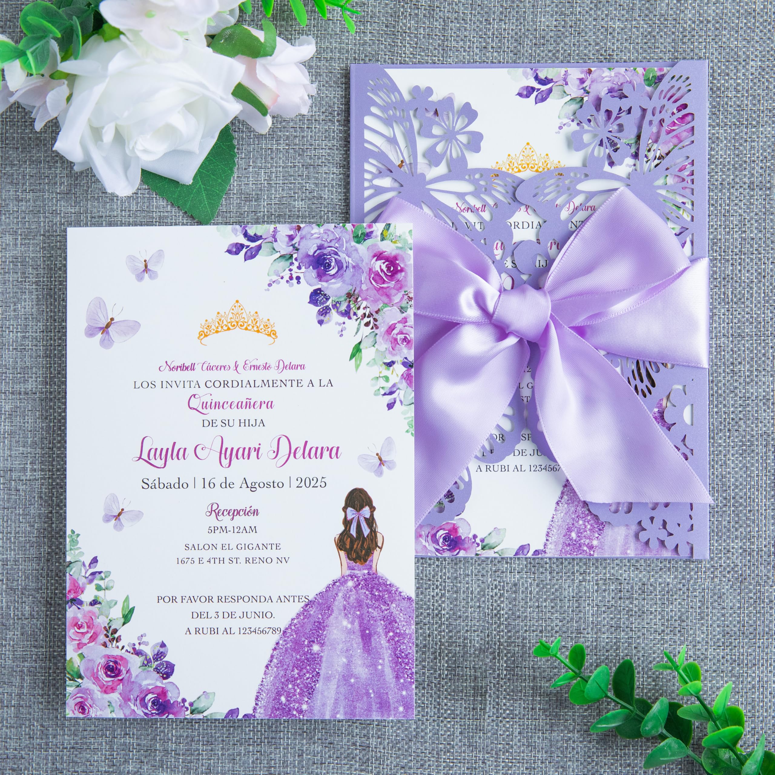 FEIYI 20 PCS 5.12x7.2 Butterfly Personalized Quinceanera Invitation, Customized XV Anos Laser Cut Invitation Cards with Envelopes (Violet Personalized